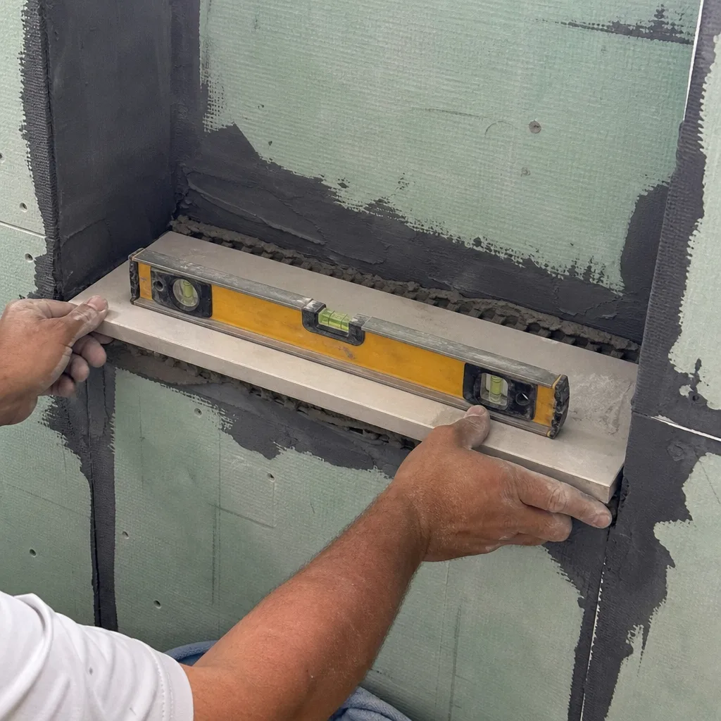 Contractor leveling a shower niche shelf during professional bathroom remodeling nationwide