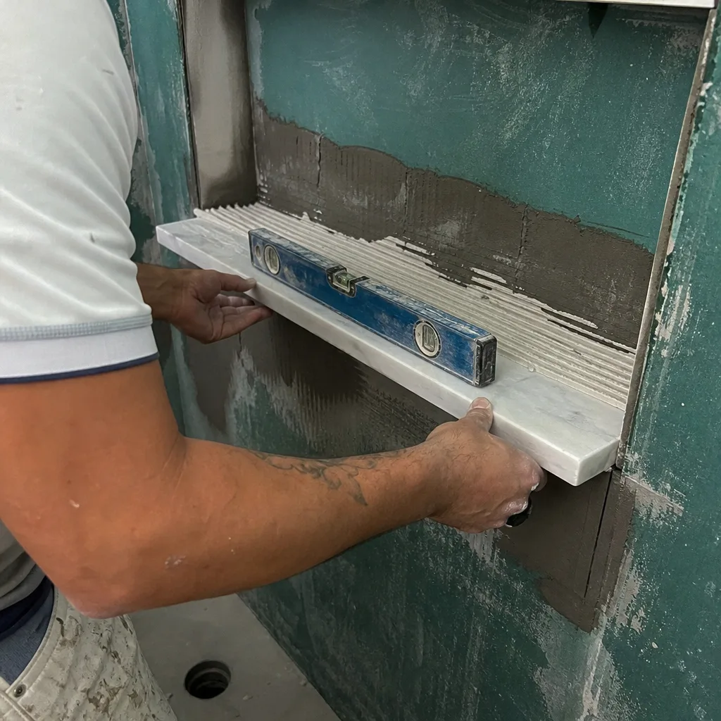 Contractor installing a marble shower shelf with a level