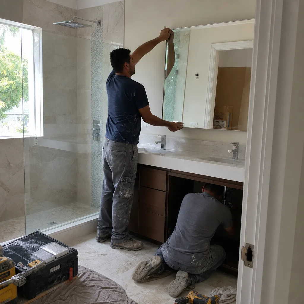 Contractors performing professional bathroom remodeling and vanity installation