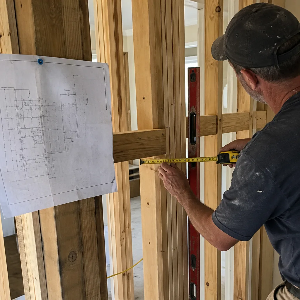 General contractor measuring wall studs with a tape measure and level nationwide