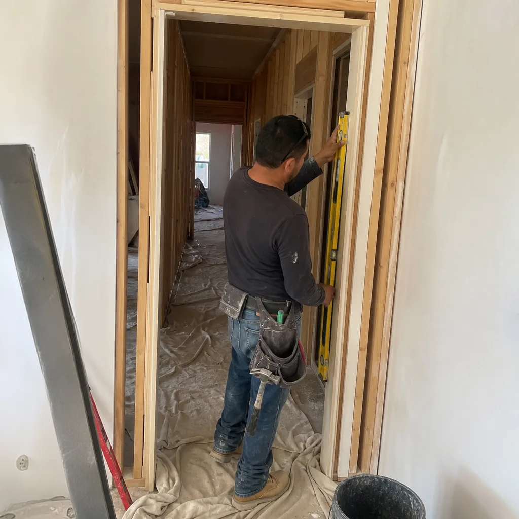 Contractor using a level to install a door frame in a renovation in Miami, FL