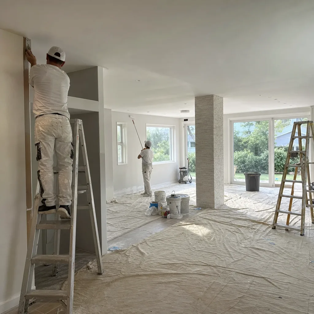 Two professional painters performing interior home remodeling and wall painting