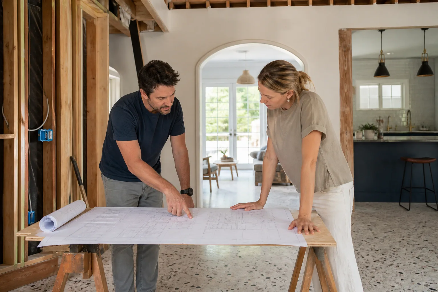 A project lead and homeowner reviewing plans in a room under renovation