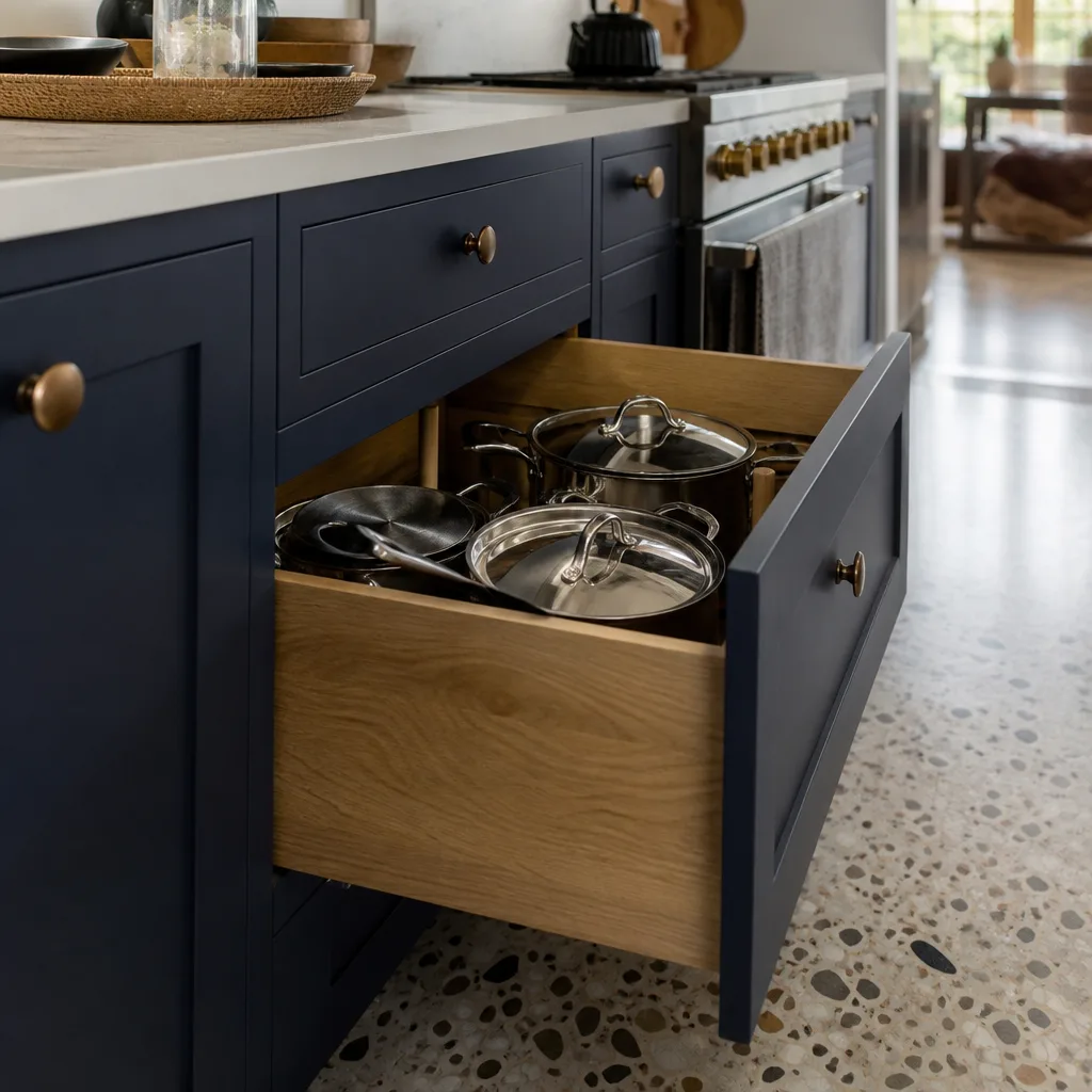New painted shaker cabinets with an organized deep drawer