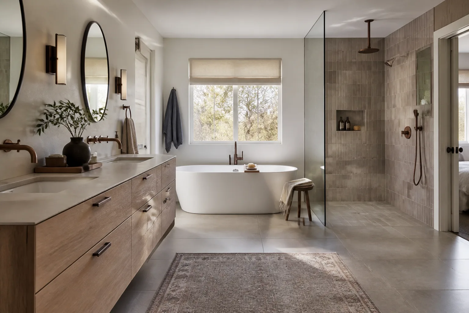 A remodeled primary bathroom with a soaking tub and walk-in shower