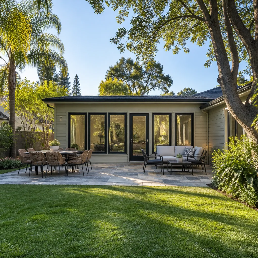 A single-story rear room addition with tall windows and a new patio
