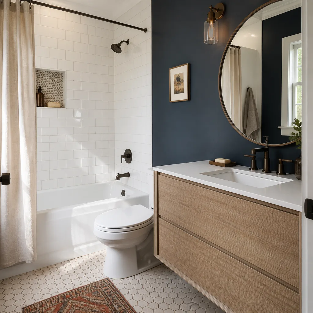 A remodeled hall bathroom with subway tile and a floating vanity